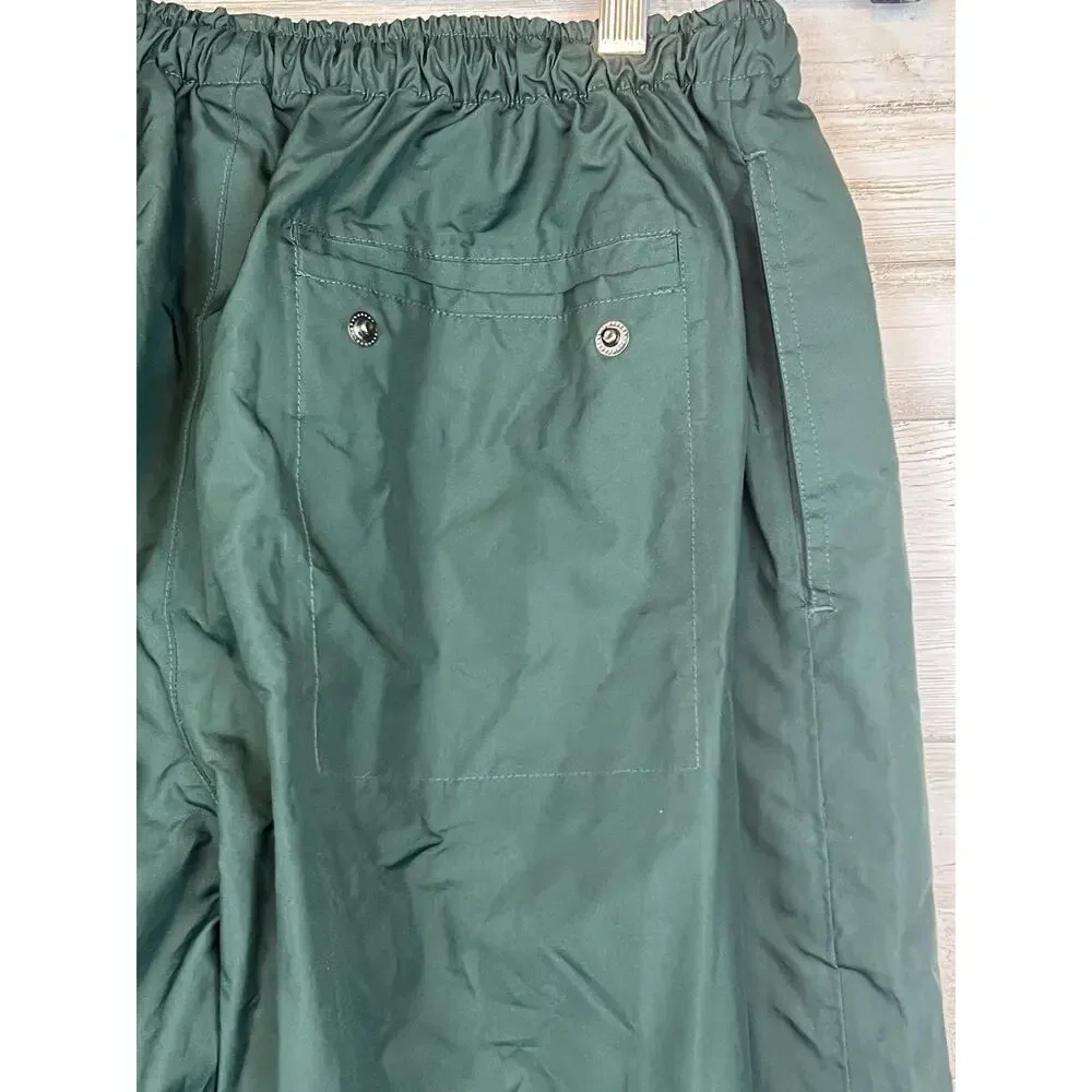 Vintage 90s Pin High Green Nylon Ski Pants Snap Hem Drawstring Waist 30x27